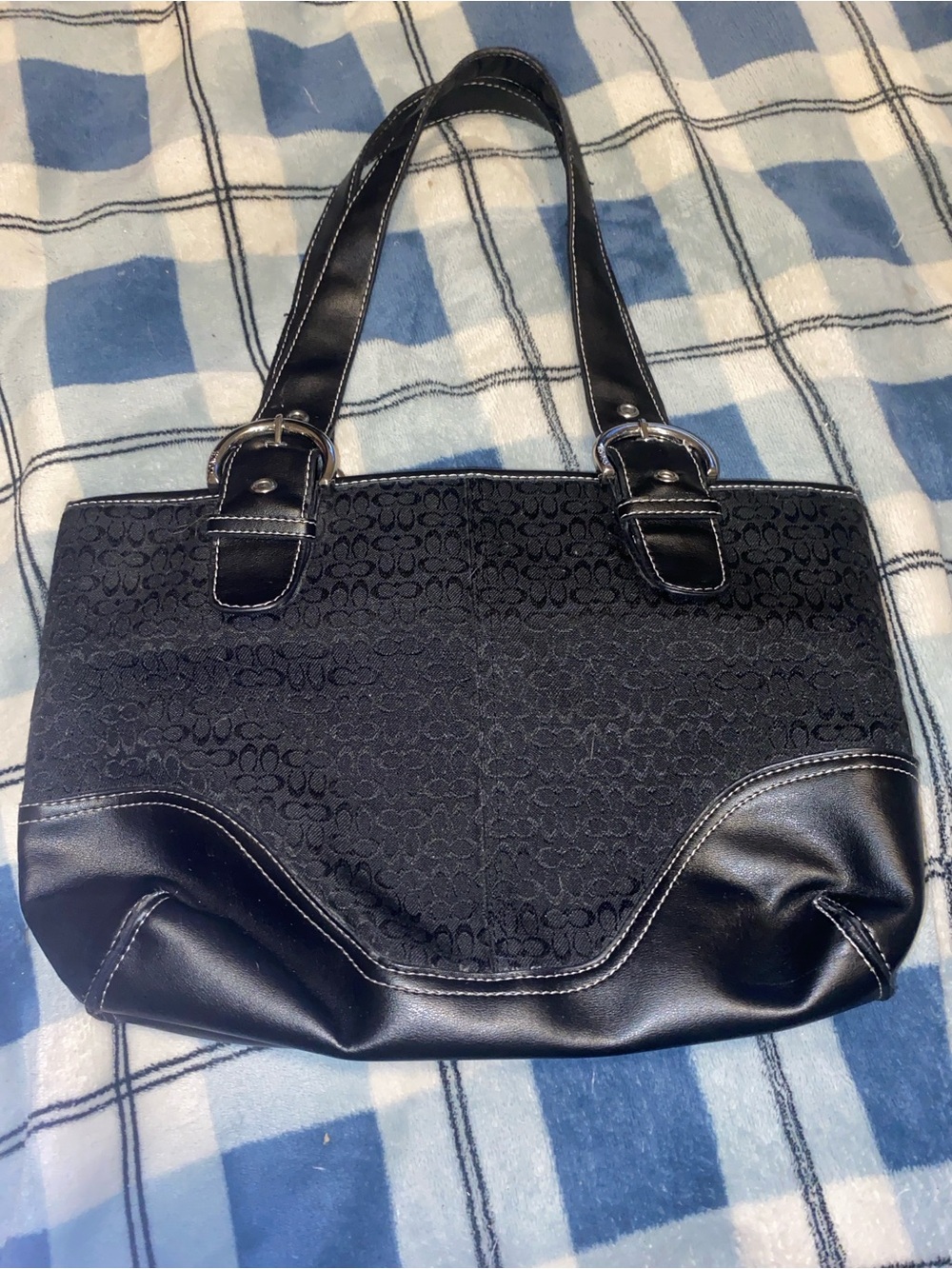 Coach Vintage 2002 Black Signature Canvas Shoulder Bag with Black Leather Trim